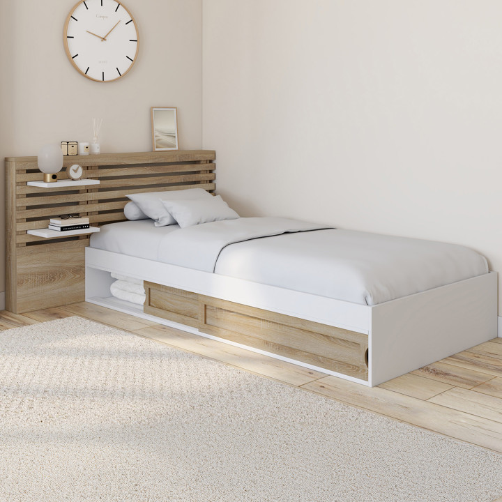Letto singolo e rete a doghe 90x190cm con testiera in faggio e contenitore - SAVANA | IdMarket