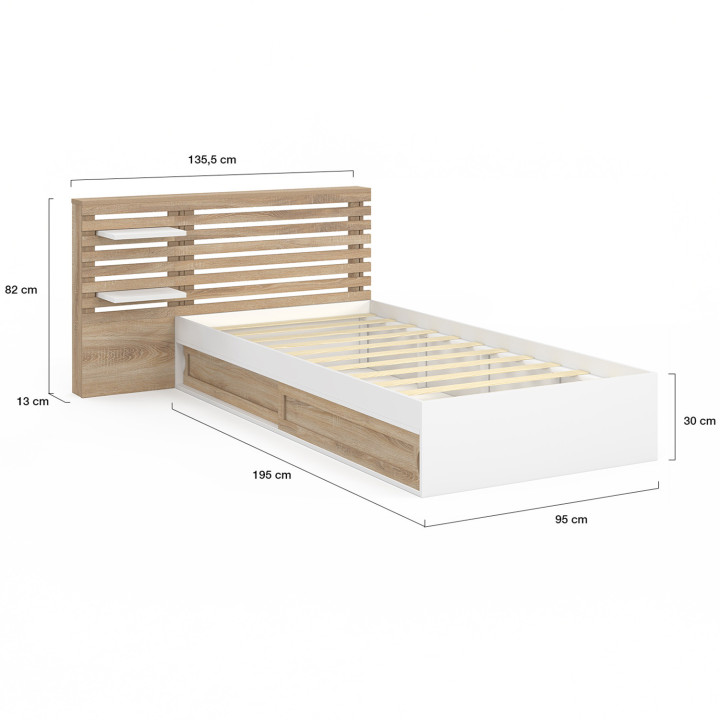 Letto singolo e rete a doghe 90x190cm con testiera in faggio e contenitore - SAVANA | IdMarket