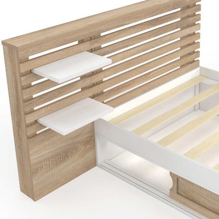 Letto singolo e rete a doghe 90x190cm con testiera in faggio e contenitore - SAVANA | IdMarket