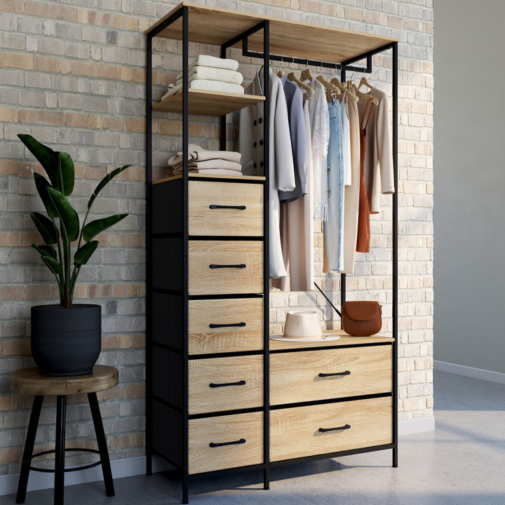 Armadio spogliatoio + colonna L. 90 cm con 1 ripiano e 7 cestini in legno e tessuto nero - UTAH | IDMarket
