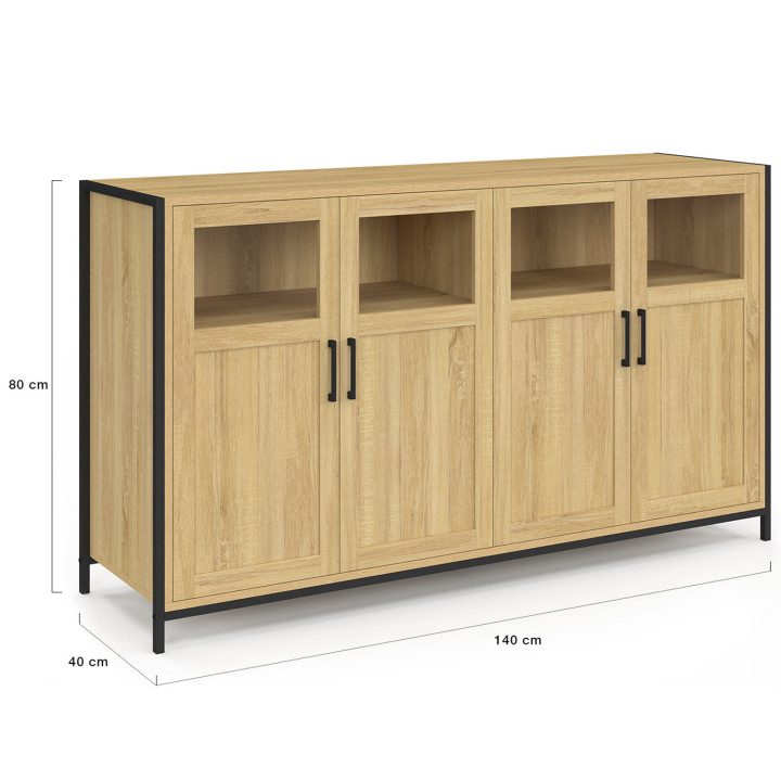 Credenza a 4 ante con vetrine 140cm design industriale - DETROIT | IdMarket