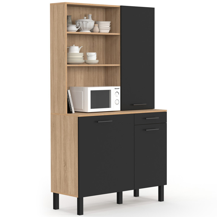 Credenza da cucina con colonna portaoggetti 100 cm in faggio e nero - CINA | IDMarket
