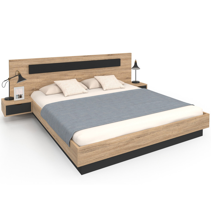 Letto matrimoniale con testiera, comodini e base in legno e nero - SANTA | IDMarket