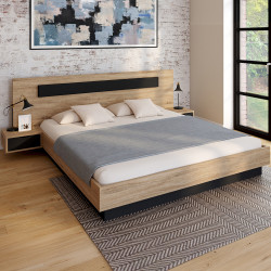 Letto matrimoniale con testiera, comodini e base in legno e nero - SANTA | IDMarket