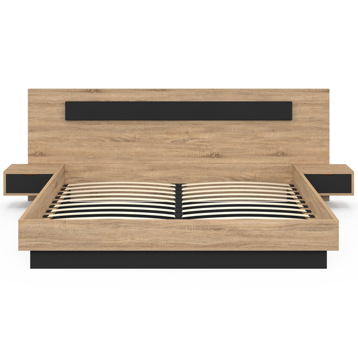 Letto matrimoniale con testiera, comodini e base in legno e nero - SANTA | IDMarket