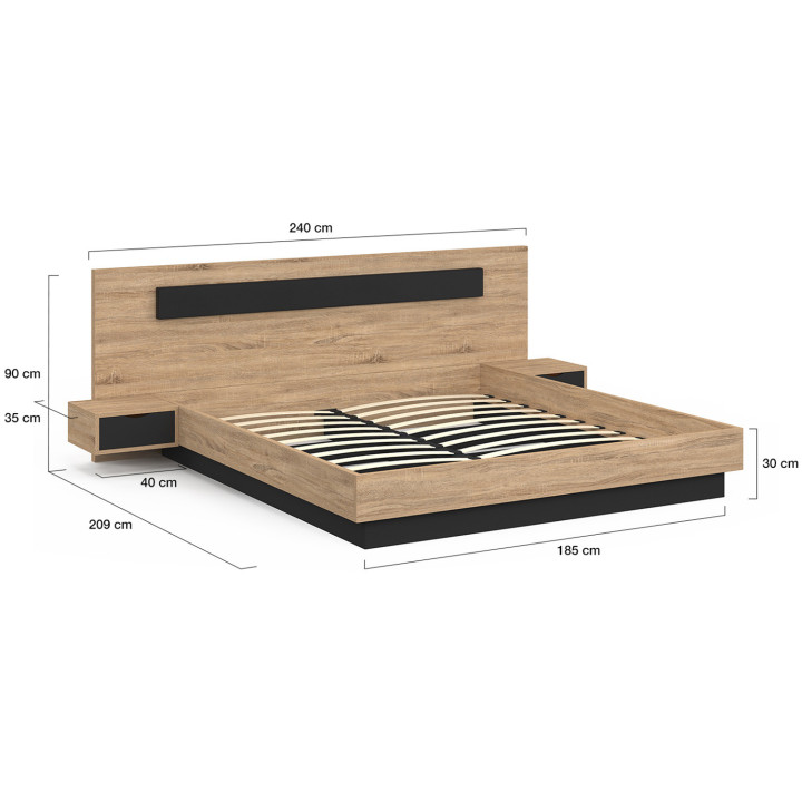 Letto matrimoniale con testiera, comodini e base in legno e nero - SANTA | IDMarket