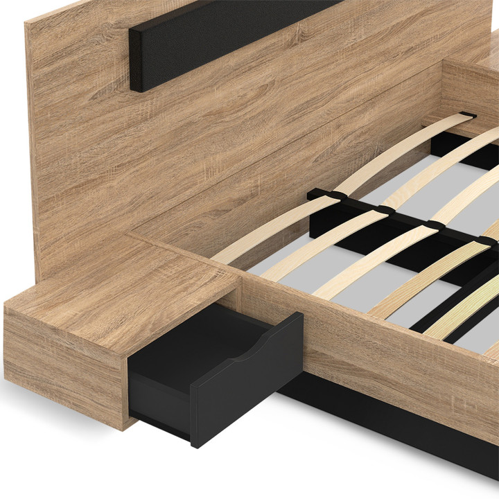 Letto matrimoniale con testiera, comodini e base in legno e nero - SANTA | IDMarket