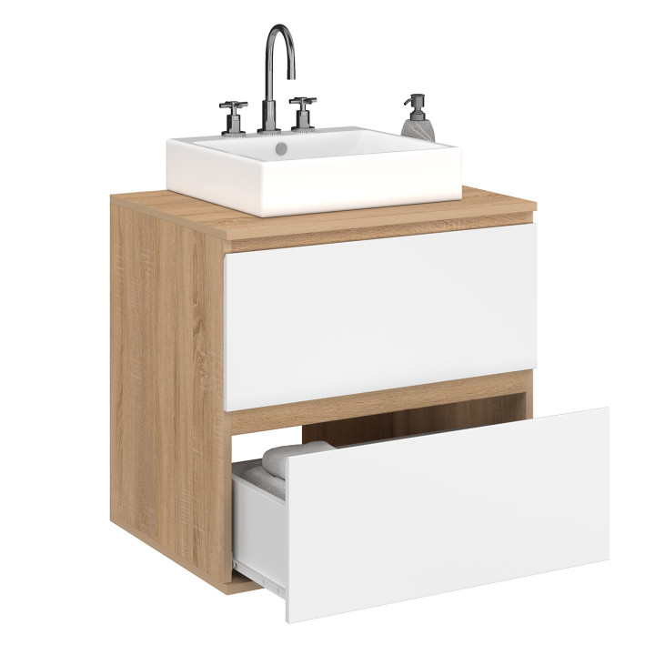 Mobiletto bagno sospeso a 2 cassetti in faggio e bianco - TOM | IdMarket
