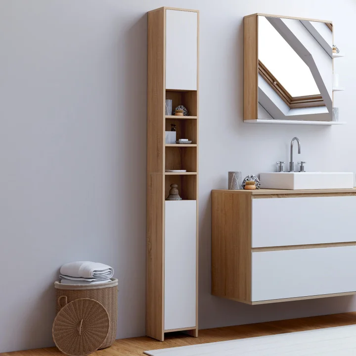 Mobile bagno a 2 ante con 4 nicchie in faggio e bianco - TOMI | IdMarket