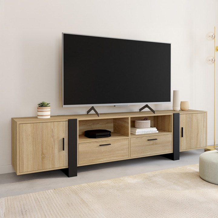 Porta TV PHOENIX 200 cm a 2 ante e 2 cassetti in legno e nero IDMarket