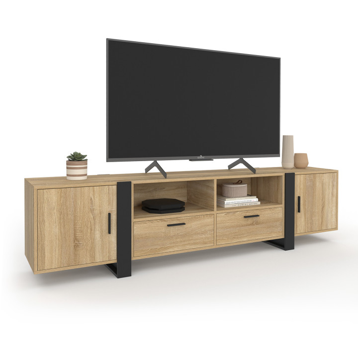 Porta TV PHOENIX 200 cm a 2 ante e 2 cassetti in legno e nero IDMarket