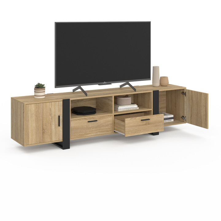 Porta TV PHOENIX 200 cm a 2 ante e 2 cassetti in legno e nero IDMarket