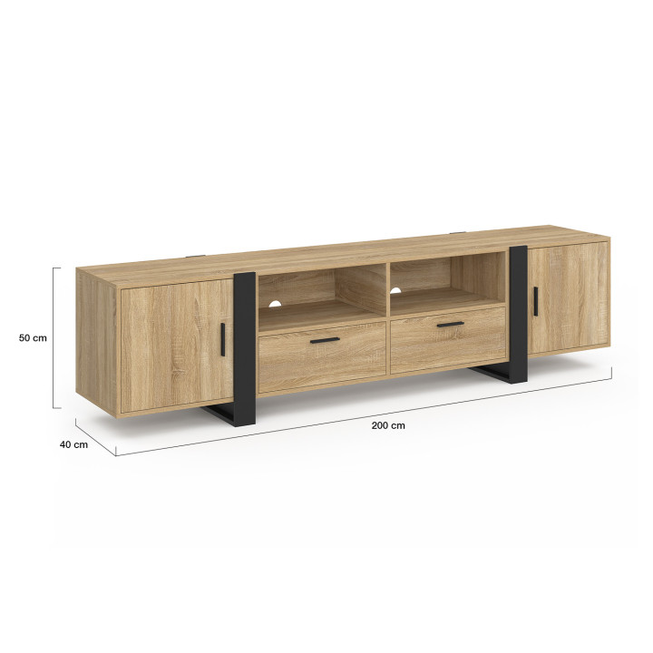 Porta TV PHOENIX 200 cm a 2 ante e 2 cassetti in legno e nero IDMarket