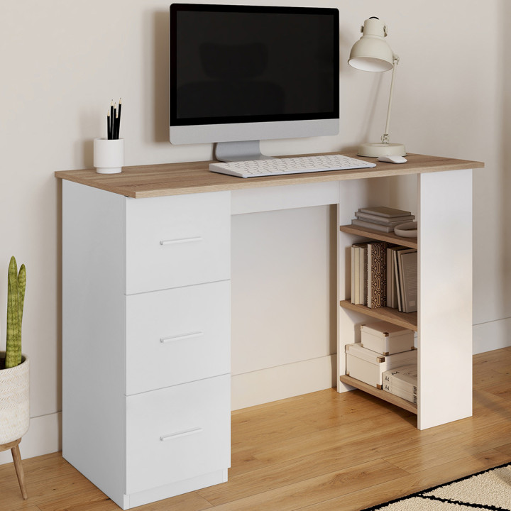 Scrivania dritta a 3 cassetti con ripiani in legno e bianco - MAE| IDMarket