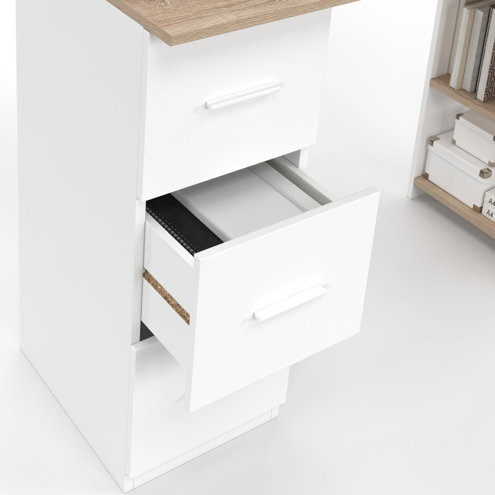 Scrivania dritta a 3 cassetti con ripiani in legno e bianco - MAE| IDMarket