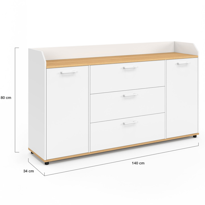 Credenza a 4 ante da 140 cm con bordo bianco e piano in legno effetto faggio - JABA | IdMarket