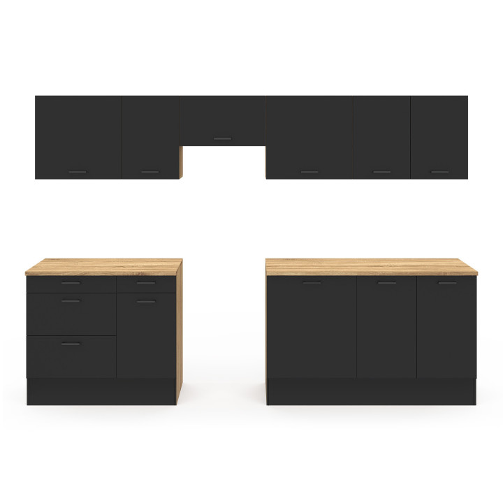 Cucina completa di pentole e piano di lavoro in legno e nero - SUBTIL |ID Market