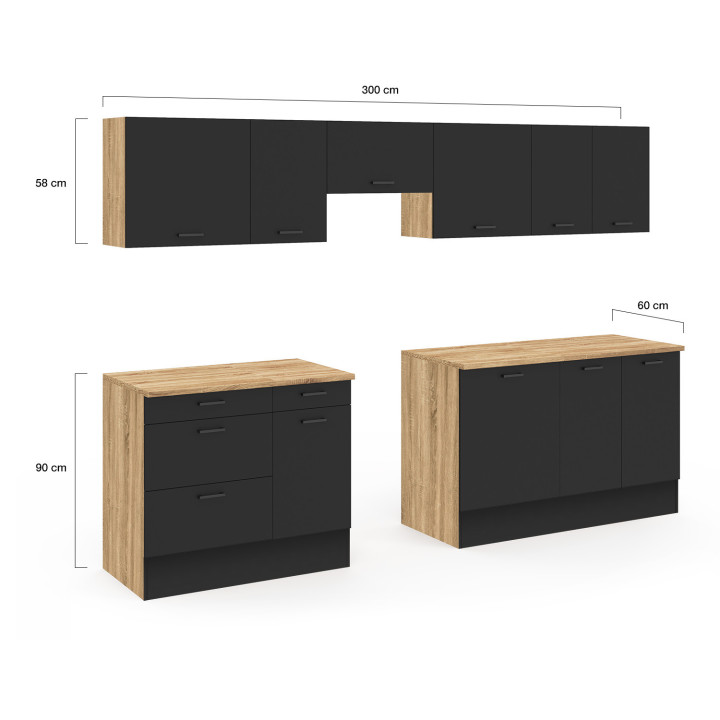 Cucina completa di pentole e piano di lavoro in legno e nero - SUBTIL |ID Market