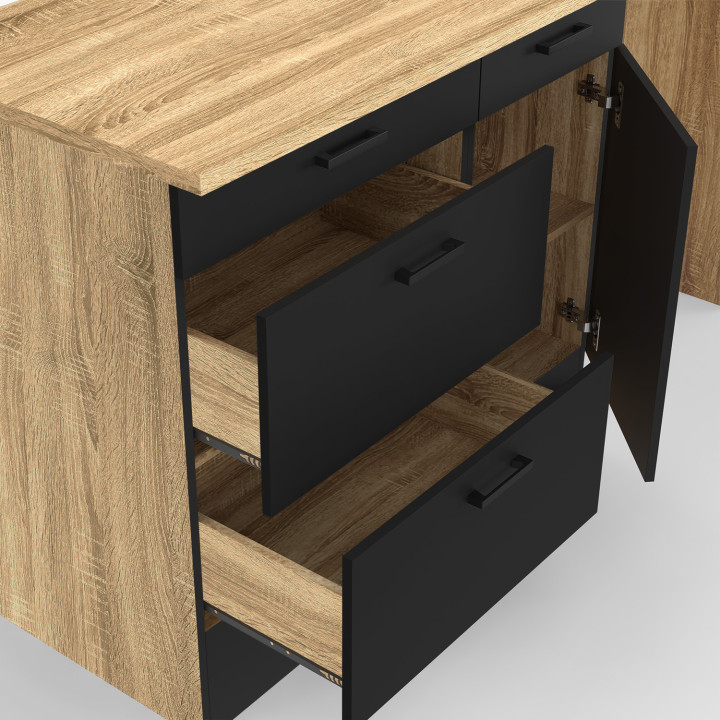 Cucina completa di pentole e piano di lavoro in legno e nero - SUBTIL |ID Market