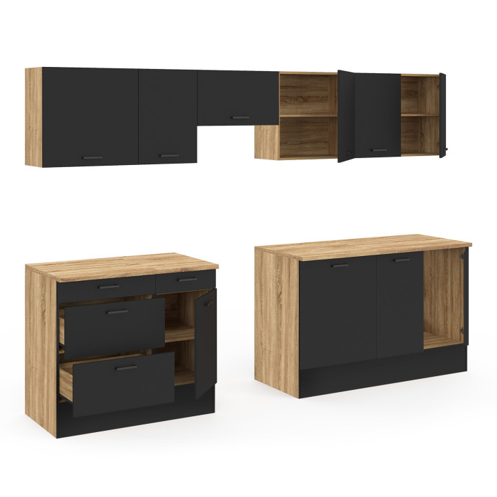 Cucina completa di pentole e piano di lavoro in legno e nero - SUBTIL |ID Market