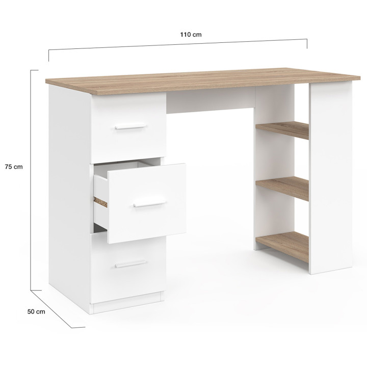 Scrivania dritta a 3 cassetti con ripiani in legno e bianco - MAE| IDMarket