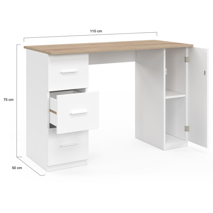 Scrivania dritta a 3 cassetti con anta in legno e bianco - MAE | Zen Cart! IDMarket