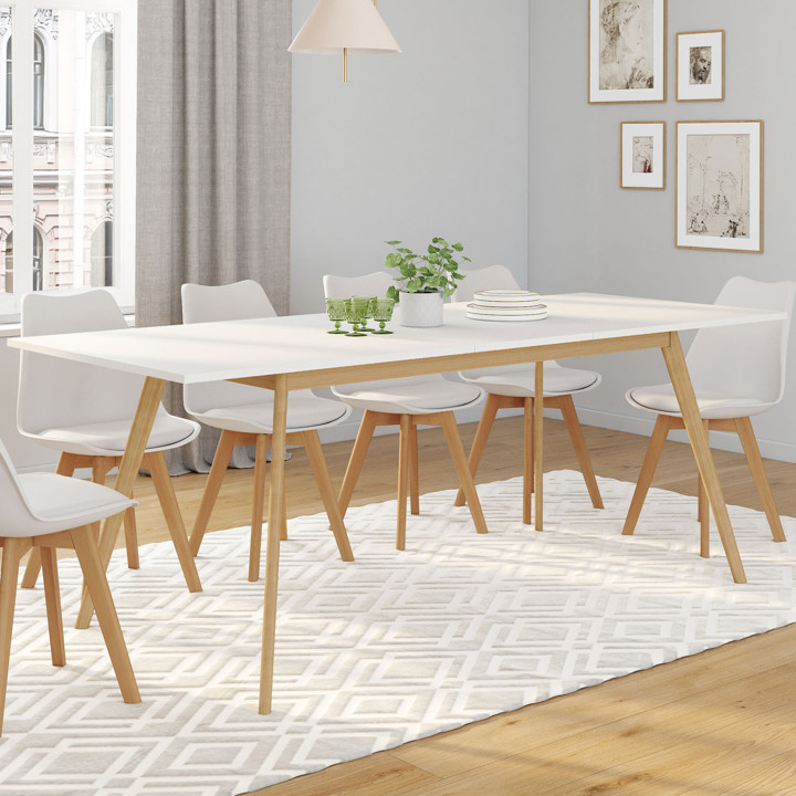 Set di tavolo da pranzo allungabile da 160-200 cm e 6 sedie bianche di design scandinavo - INGA | ID Market