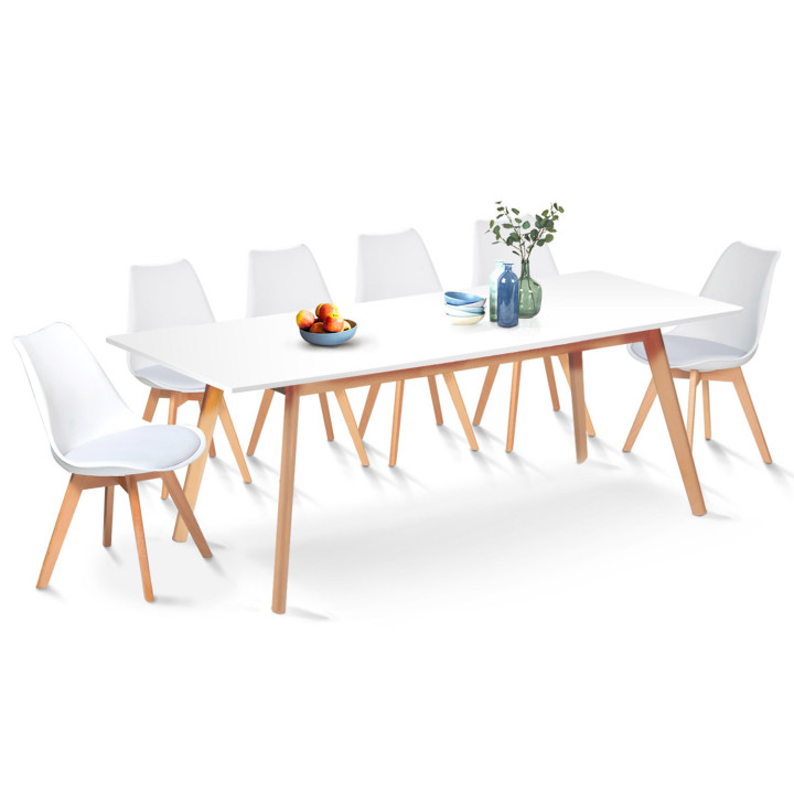 Set di tavolo da pranzo allungabile da 160-200 cm e 6 sedie bianche di design scandinavo - INGA | ID Market