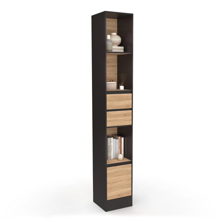 Libreria a scaffale 2 cassetti 3 ripiani 1 armadio effetto legno e nero 190 cm - CARLA | IdMarket