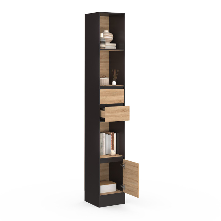Libreria a scaffale 2 cassetti 3 ripiani 1 armadio effetto legno e nero 190 cm - CARLA | IdMarket