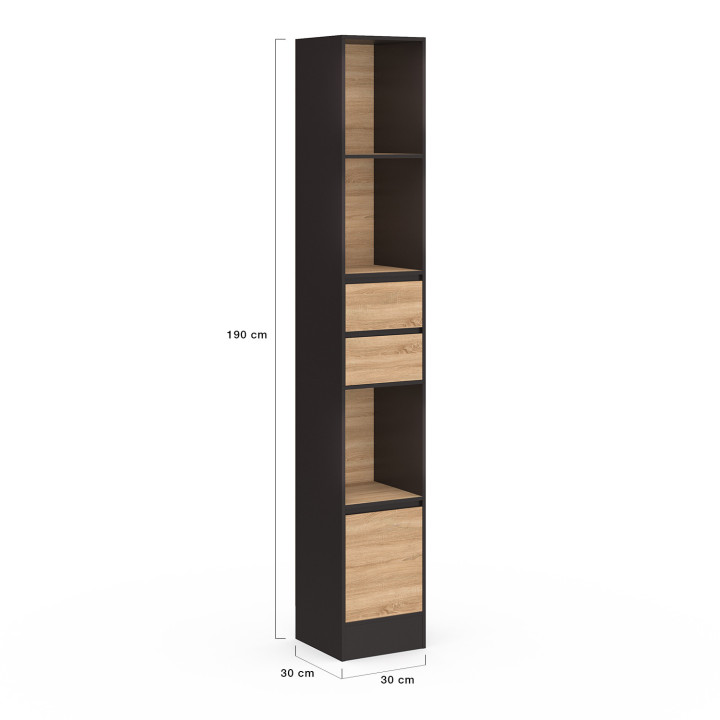Libreria a scaffale 2 cassetti 3 ripiani 1 armadio effetto legno e nero 190 cm - CARLA | IdMarket