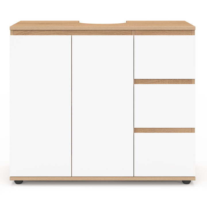 Mobile da bagno con armadio e 3 cassetti in faggio e bianco - TOMI | IdMarket