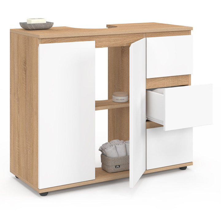 Mobile da bagno con armadio e 3 cassetti in faggio e bianco - TOMI | IdMarket