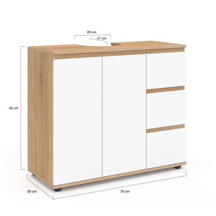 Mobile da bagno con armadio e 3 cassetti in faggio e bianco - TOMI | IdMarket