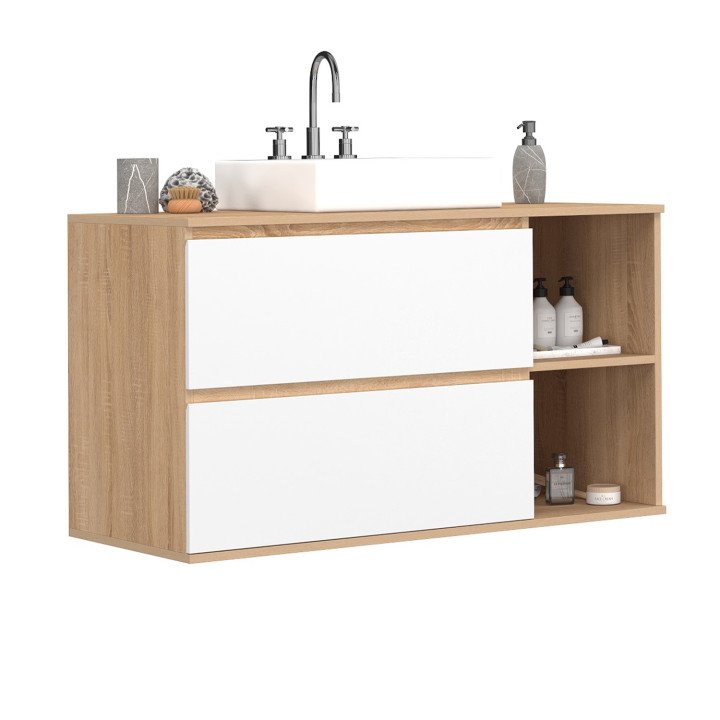 Mobile bagno sospeso con 2 cassetti e 2 nicchie in faggio e bianco - TOMI | IdMarket