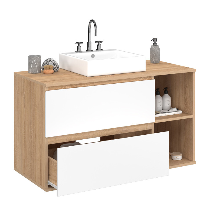 Mobile bagno sospeso con 2 cassetti e 2 nicchie in faggio e bianco - TOMI | IdMarket