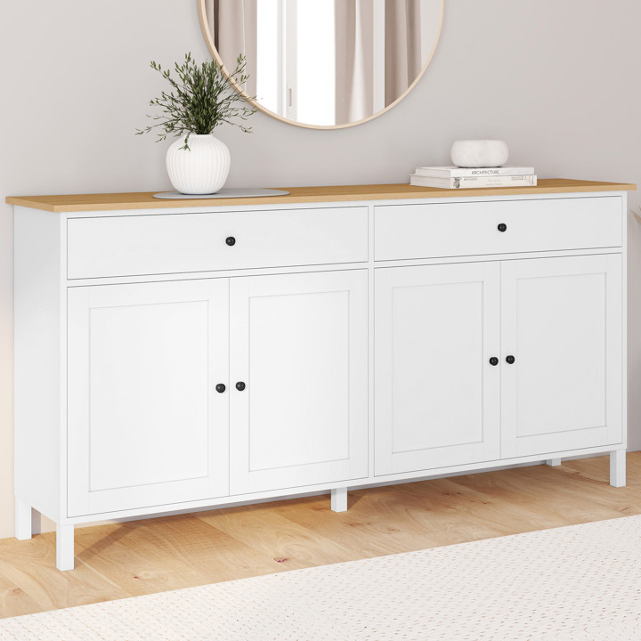 Credenza da 160 cm con 4 ante e 2 cassetti bianchi e piano in legno - ACHILLE | IdMarket
