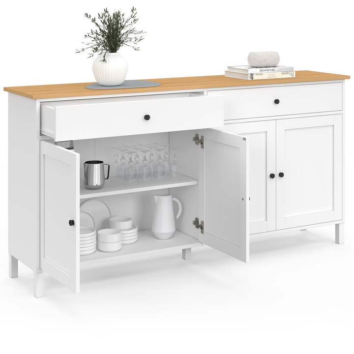 Credenza da 160 cm con 4 ante e 2 cassetti bianchi e piano in legno - ACHILLE | IdMarket