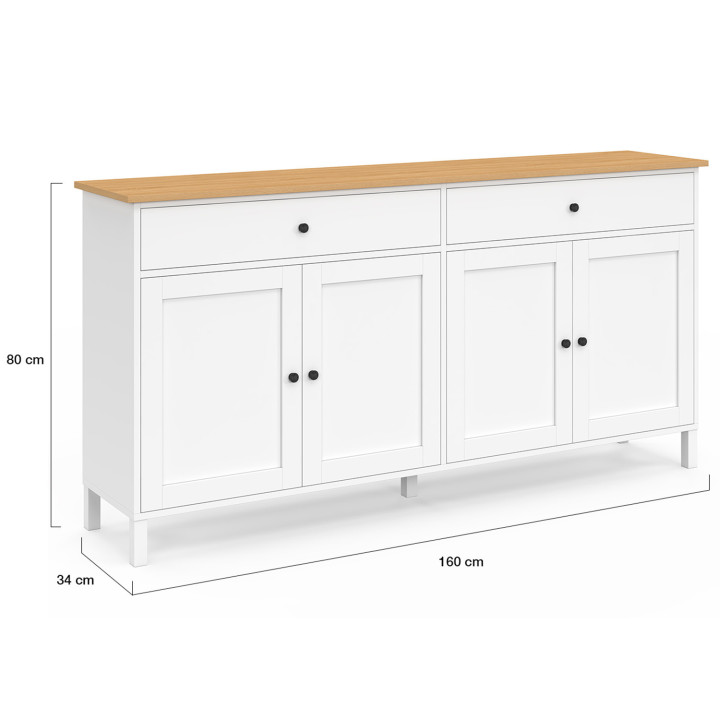 Credenza da 160 cm con 4 ante e 2 cassetti bianchi e piano in legno - ACHILLE | IdMarket