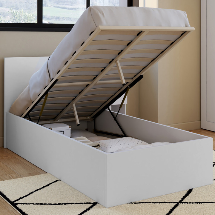 Letto singolo a cassettone con testiera e box spring 90 x 190 cm bianco - SEASIDE | IdMarket