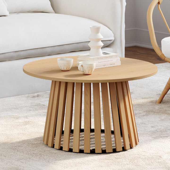 Tavolino rotondo da 70 cm con base in legno e piano in legno - CARMEN | IdMarket