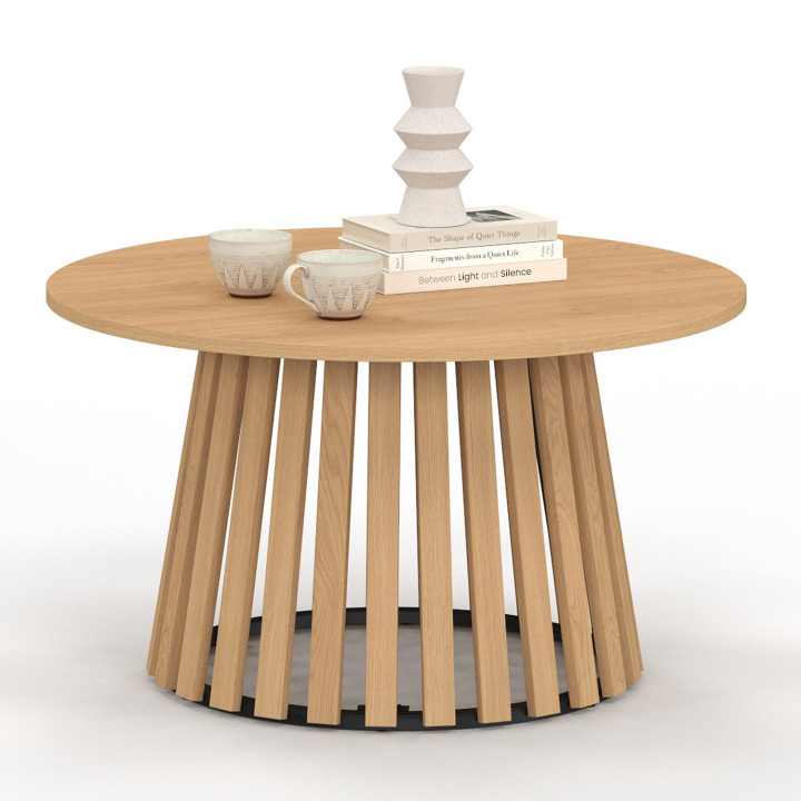 Tavolino rotondo da 70 cm con base in legno e piano in legno - CARMEN | IdMarket