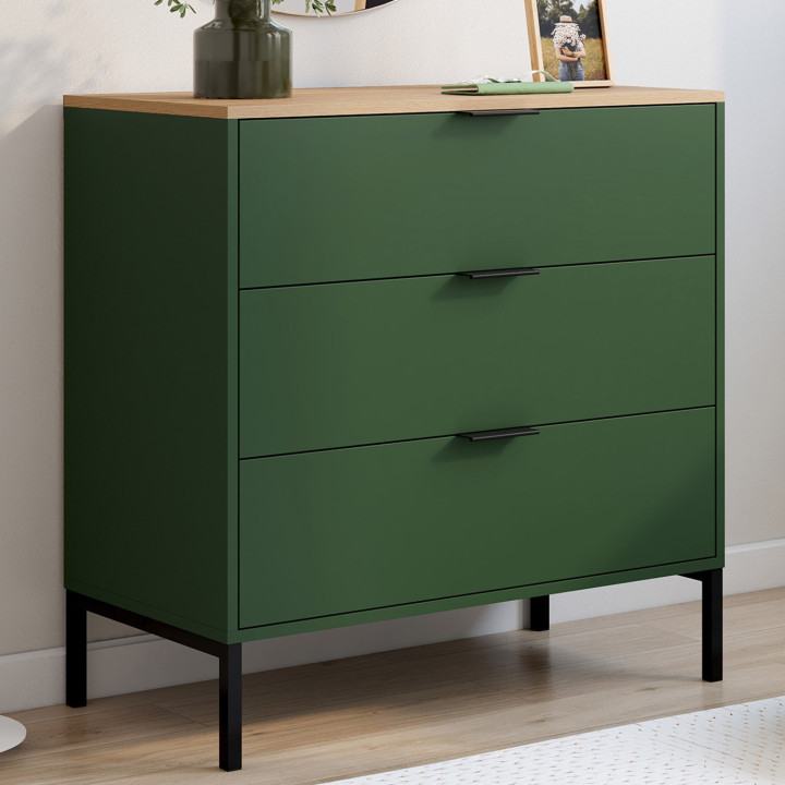 Cassettone a 3 cassetti 80 cm verde cachi con piano in legno - KELIA | IdMarket