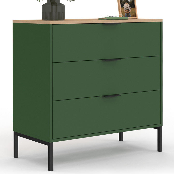 Cassettone a 3 cassetti 80 cm verde cachi con piano in legno - KELIA | IdMarket