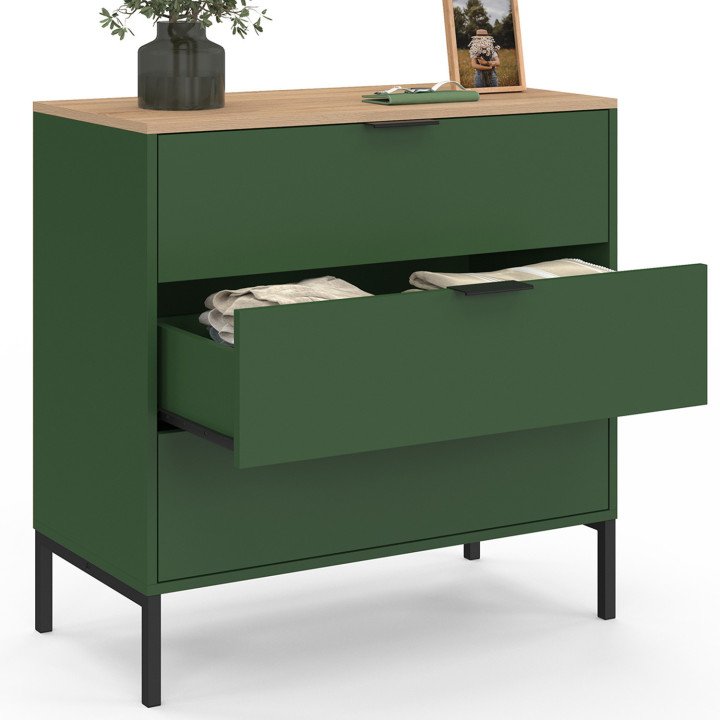 Cassettone a 3 cassetti 80 cm verde cachi con piano in legno - KELIA | IdMarket