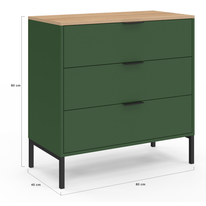 Cassettone a 3 cassetti 80 cm verde cachi con piano in legno - KELIA | IdMarket
