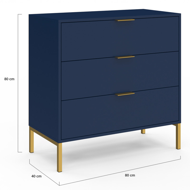 Cassettone a 3 cassetti, 80 cm, blu notte con finitura oro - BLENIA | IdMarket