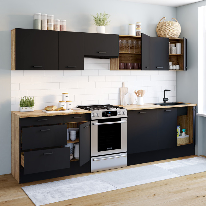 Cucina completa di pentole e piano di lavoro in legno e nero - SUBTIL |ID Market