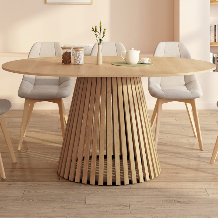 Tavolo da pranzo rotondo allungabile per 4-8 persone con gambe a doghe in legno e piano in legno da 150 cm - CARMEN | IdMarket