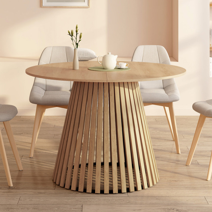 Tavolo da pranzo rotondo allungabile per 4-8 persone con gambe a doghe in legno e piano in legno da 150 cm - CARMEN | IdMarket